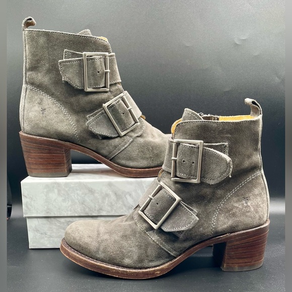 Frye Shoes - FRYE Sabrina Double Buckle Ankle Boots in Grey -Charcoal Suede Leather.Size 10 M